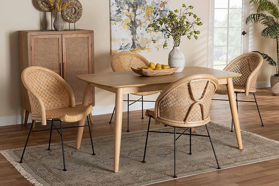 Lisa Modern Bohemian Natural Brown Rattan and Black Metal 5-Piece Dining Set FredCo