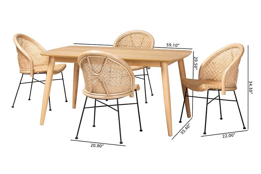 Lisa Modern Bohemian Natural Brown Rattan and Black Metal 5-Piece Dining Set FredCo