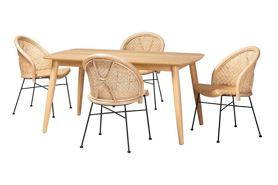 Lisa Modern Bohemian Natural Brown Rattan and Black Metal 5-Piece Dining Set FredCo