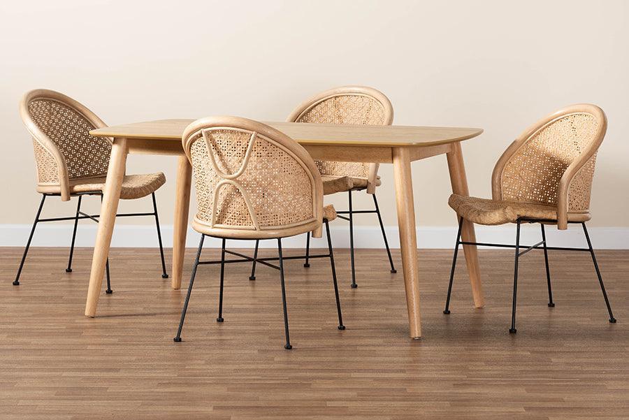 Lisa Modern Bohemian Natural Brown Rattan and Black Metal 5-Piece Dining Set FredCo