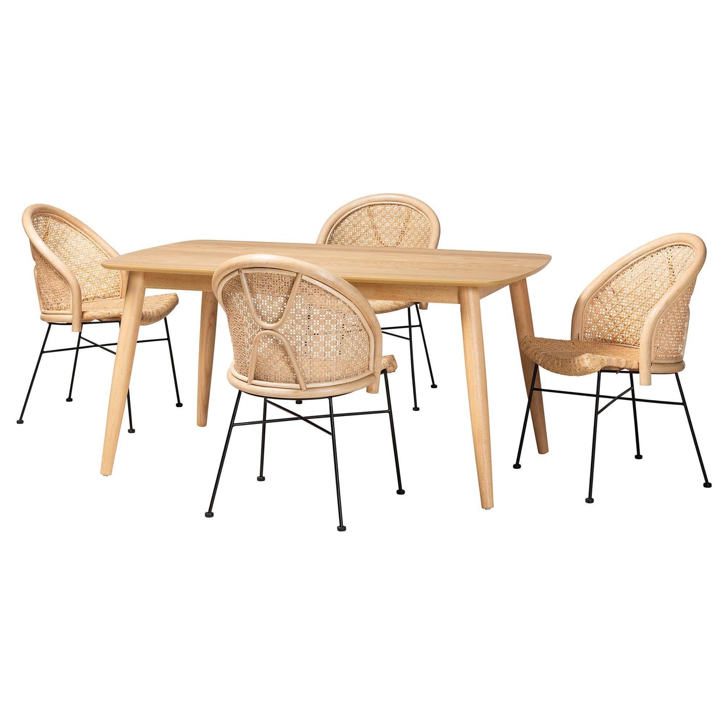 Lisa Modern Bohemian Natural Brown Rattan and Black Metal 5-Piece Dining Set FredCo