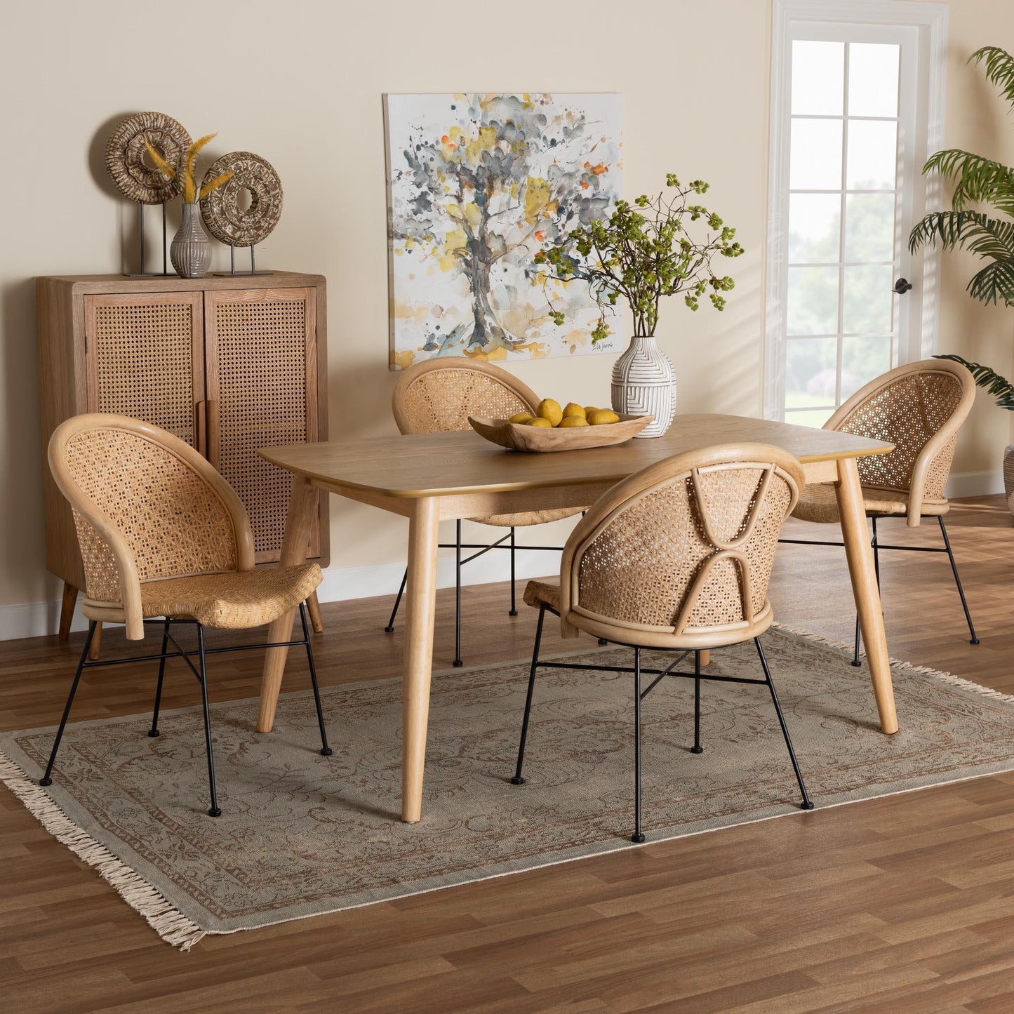Lisa Modern Bohemian Natural Brown Rattan and Black Metal 5-Piece Dining Set FredCo
