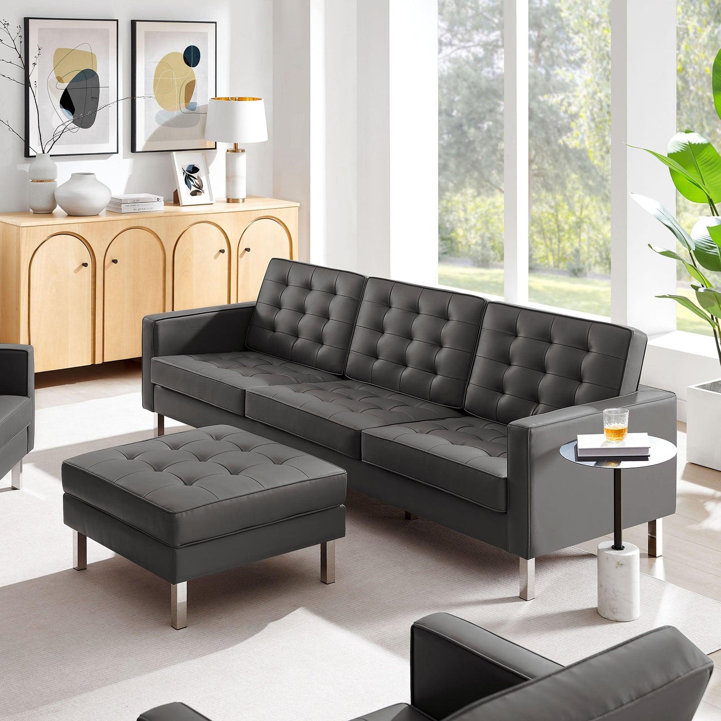 Loft Tufted Vegan Leather Sofa and Ottoman Set by Modway FredCo