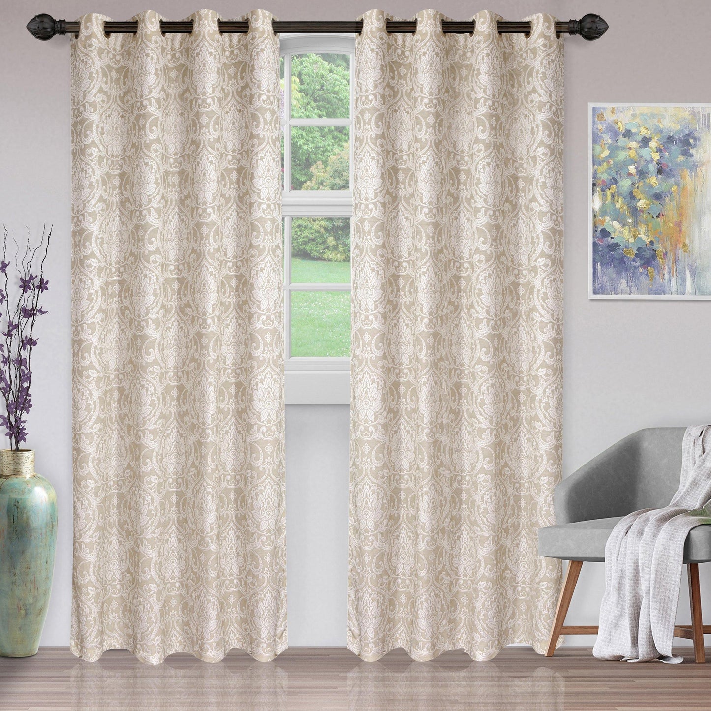 Lotus Light Filtering Floral Damask Jacquard Curtain Set FredCo