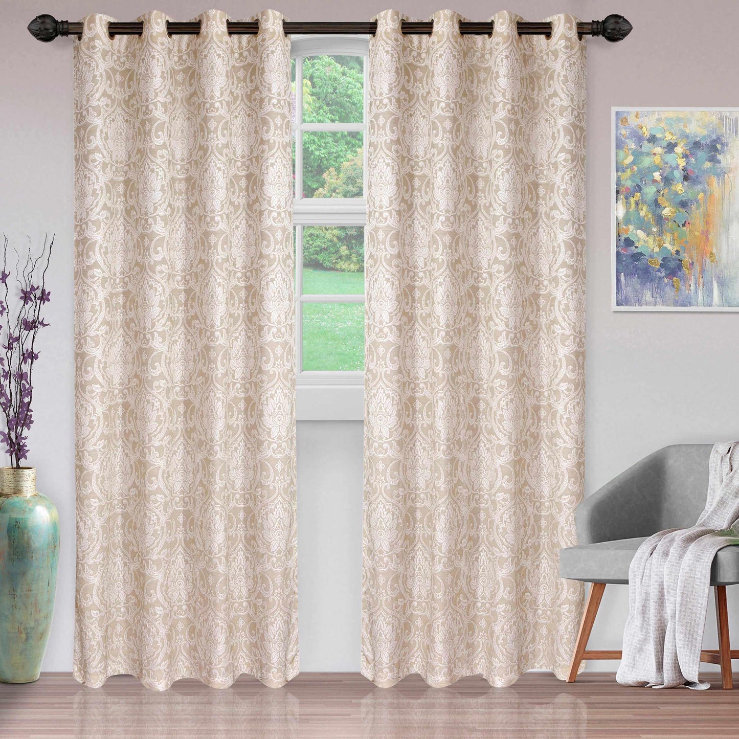 Lotus Light Filtering Floral Damask Jacquard Curtain Set FredCo
