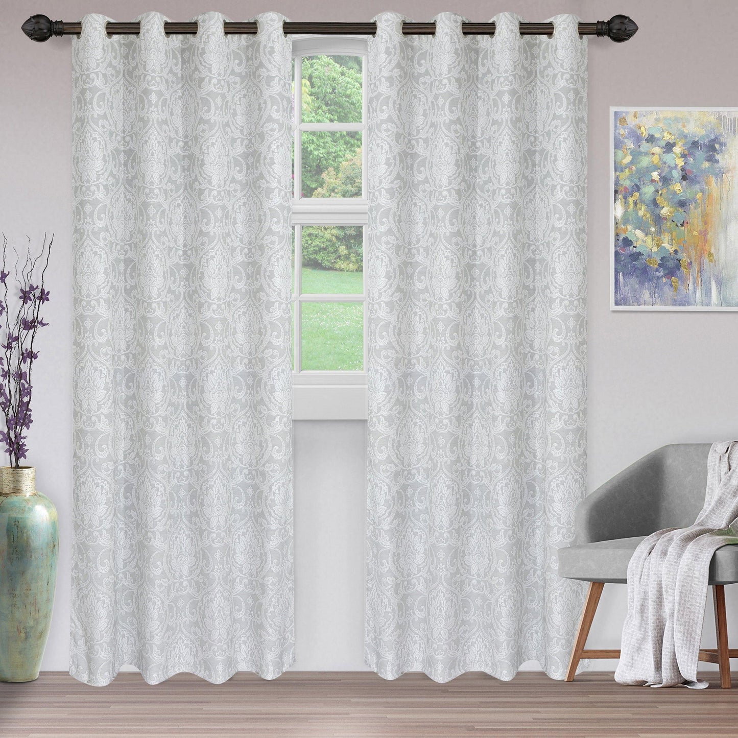 Lotus Light Filtering Floral Damask Jacquard Curtain Set FredCo