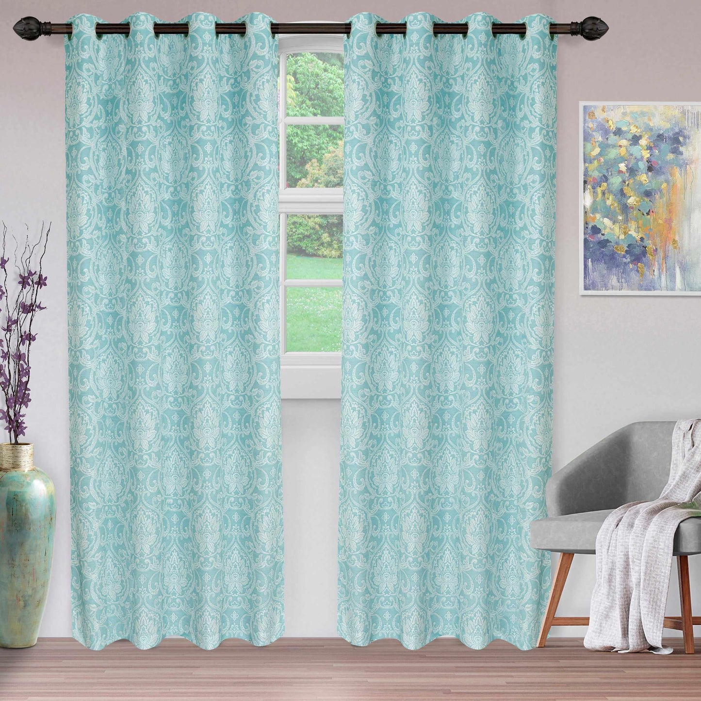 Lotus Light Filtering Floral Damask Jacquard Curtain Set FredCo