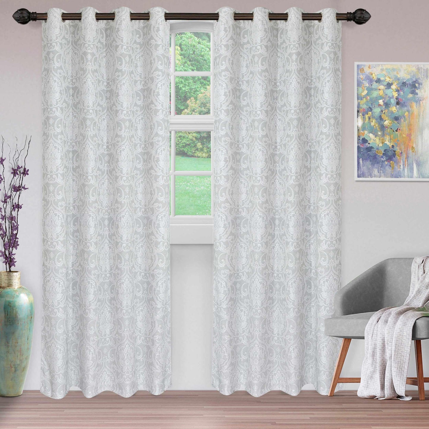 Lotus Light Filtering Floral Damask Jacquard Curtain Set FredCo
