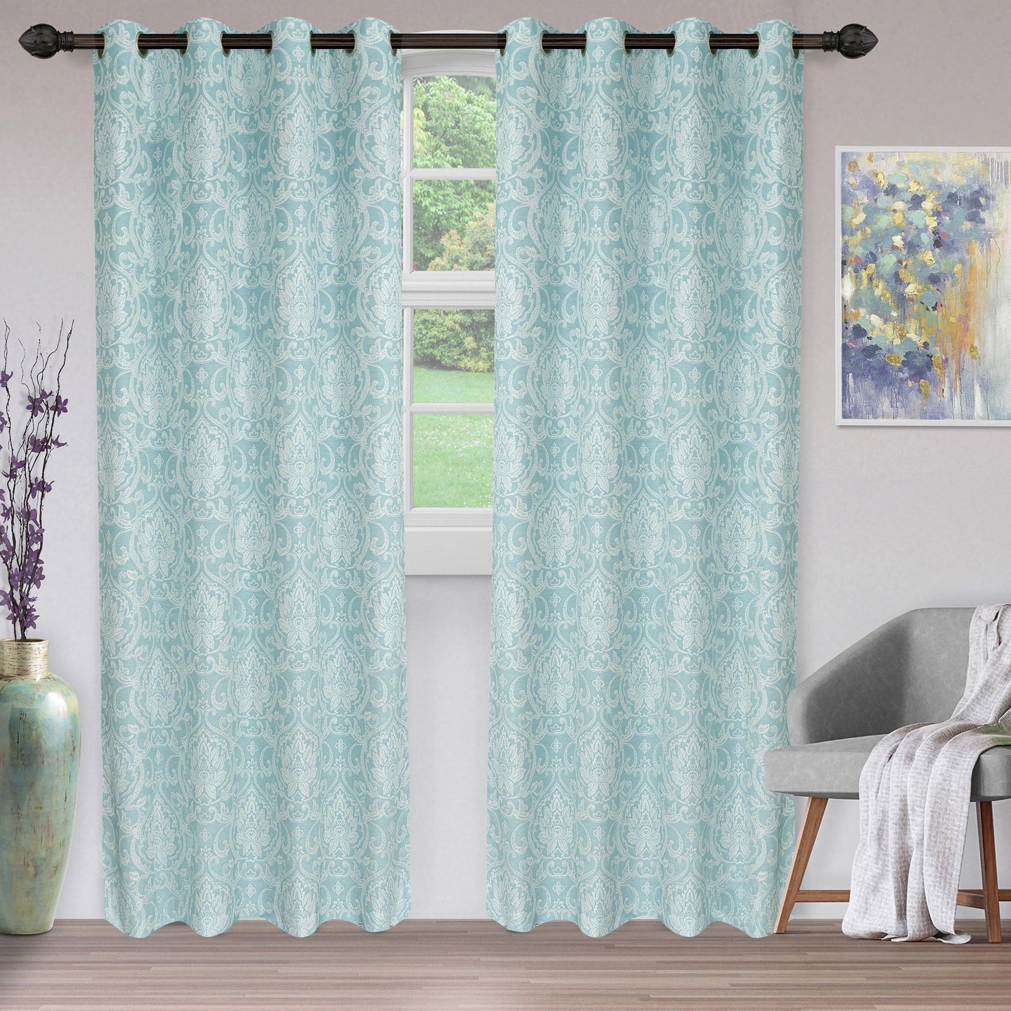 Lotus Light Filtering Floral Damask Jacquard Curtain Set FredCo