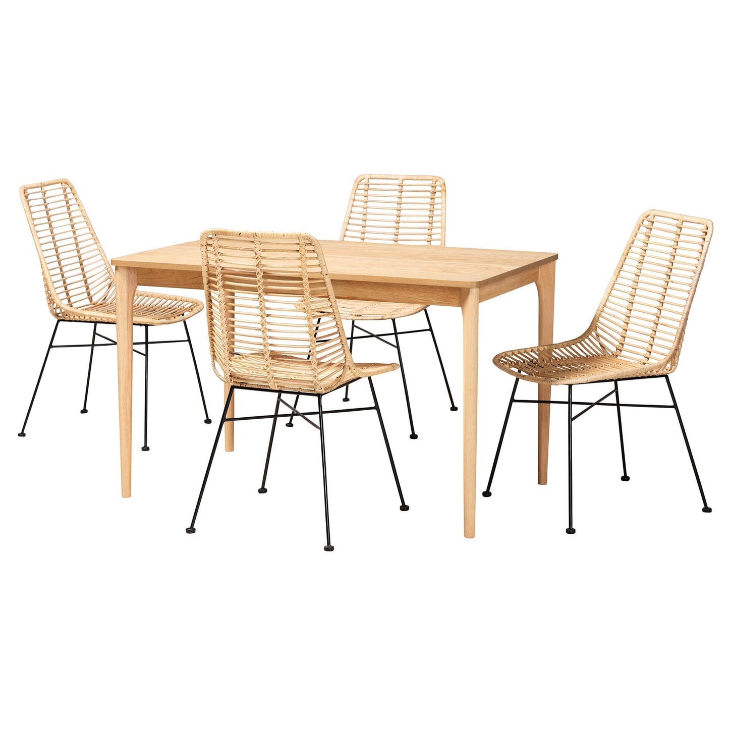 Manhattan Modern Bohemian Rattan and Natural Oak Finished Wood 5-Piece Dining Set FredCo