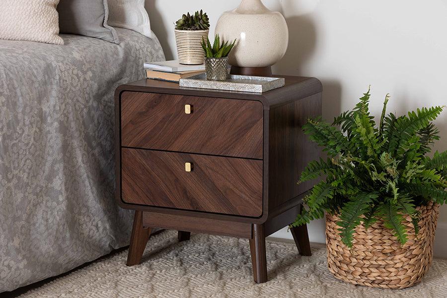 Markell Mid-Century Transitional Walnut Brown Finished Wood 2-Drawer Nightstand FredCo
