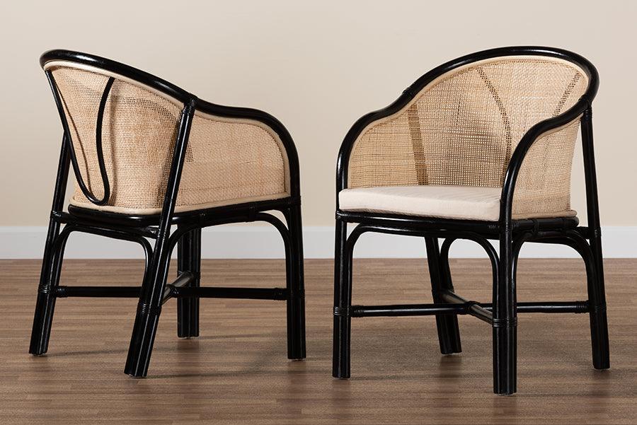 Miranda Modern Bohemian Two-Tone Black and Natural Brown Rattan 2-Piece Dining Chair Set FredCo