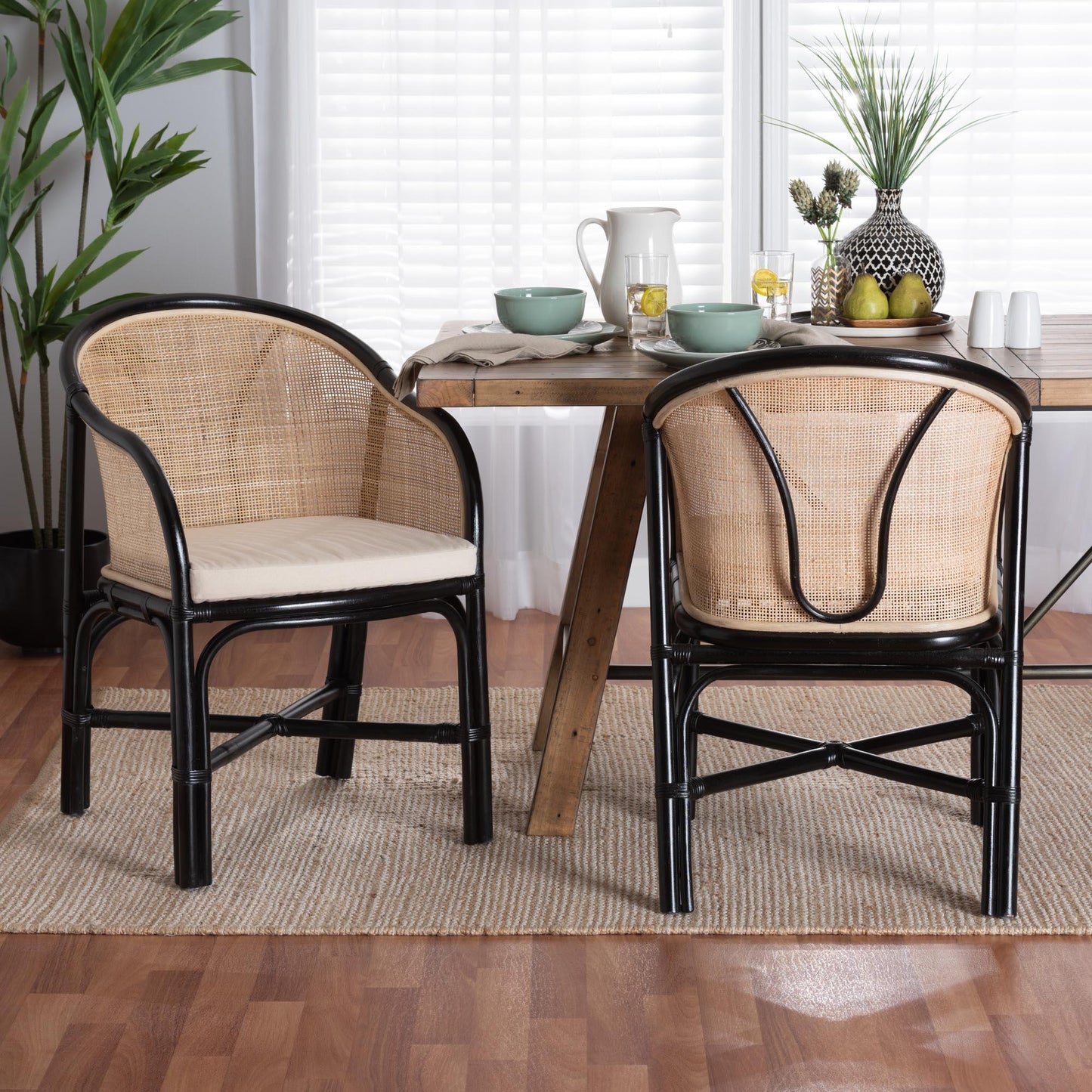 Miranda Modern Bohemian Two-Tone Black and Natural Brown Rattan 2-Piece Dining Chair Set FredCo