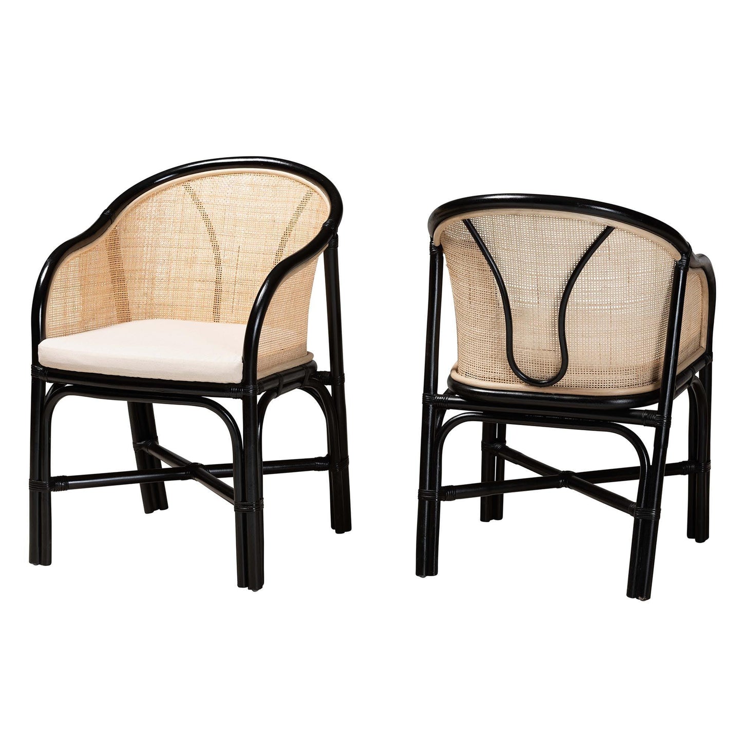 Miranda Modern Bohemian Two-Tone Black and Natural Brown Rattan 2-Piece Dining Chair Set FredCo