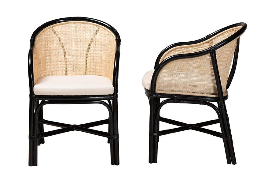 Miranda Modern Bohemian Two-Tone Black and Natural Brown Rattan 2-Piece Dining Chair Set FredCo