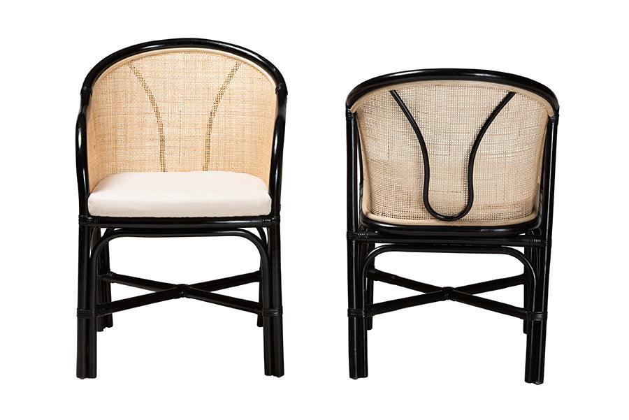 Miranda Modern Bohemian Two-Tone Black and Natural Brown Rattan 2-Piece Dining Chair Set FredCo