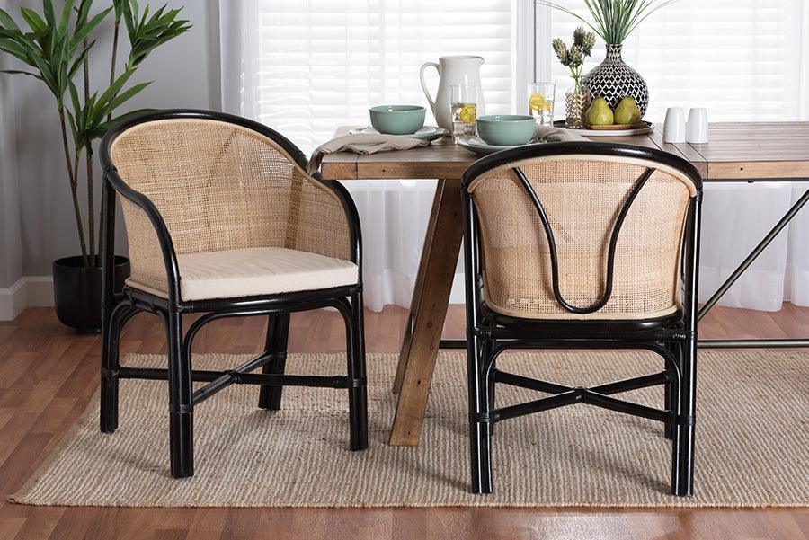 Miranda Modern Bohemian Two-Tone Black and Natural Brown Rattan 2-Piece Dining Chair Set FredCo