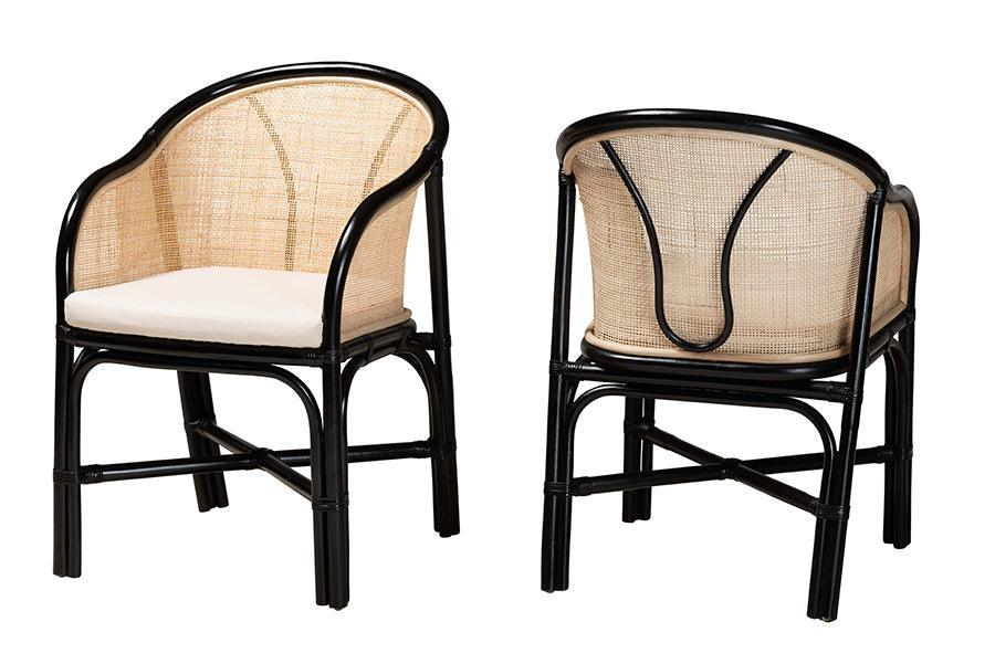 Miranda Modern Bohemian Two-Tone Black and Natural Brown Rattan 2-Piece Dining Chair Set FredCo