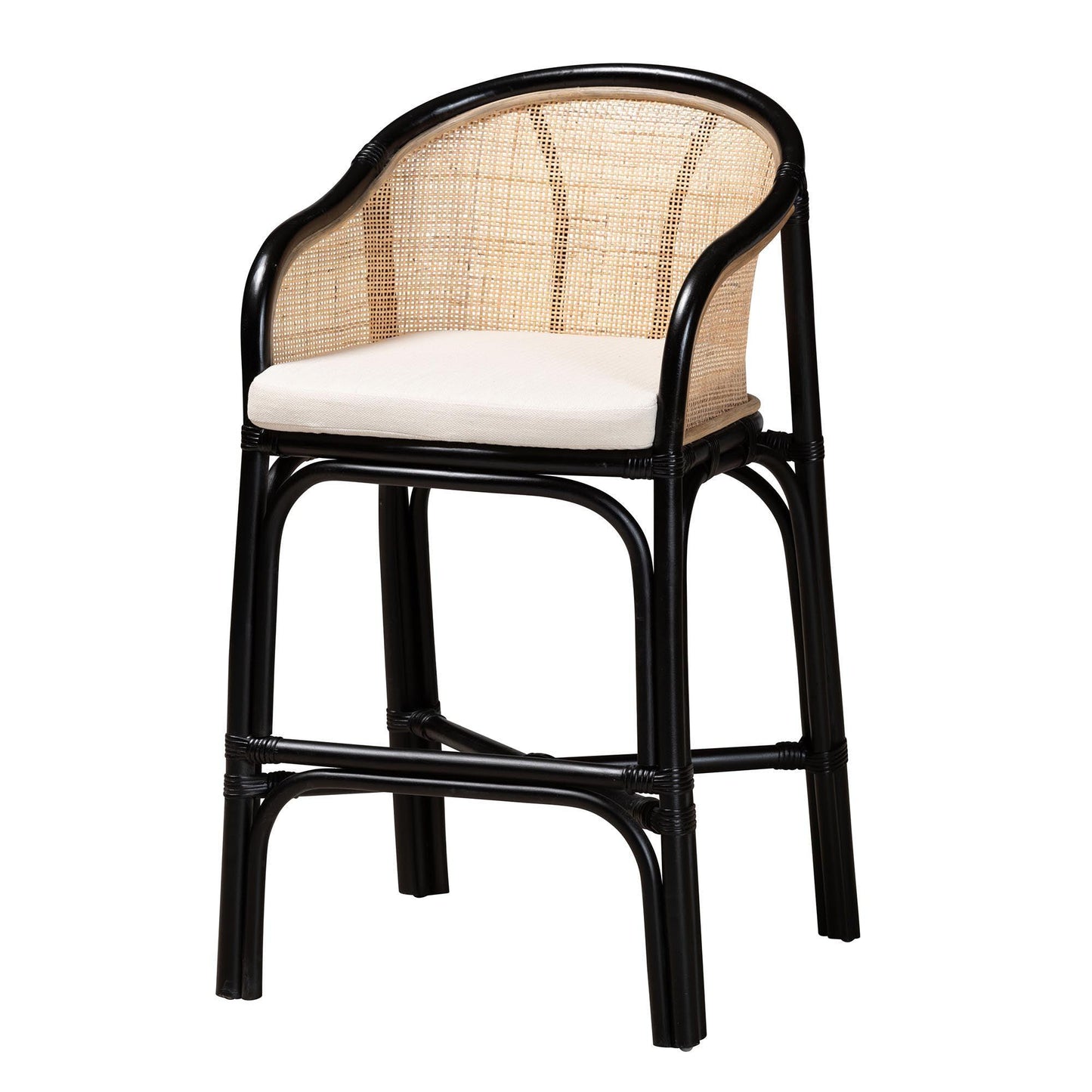 Miranda Modern Bohemian Two-Tone Black and Natural Brown Rattan Counter Stool FredCo
