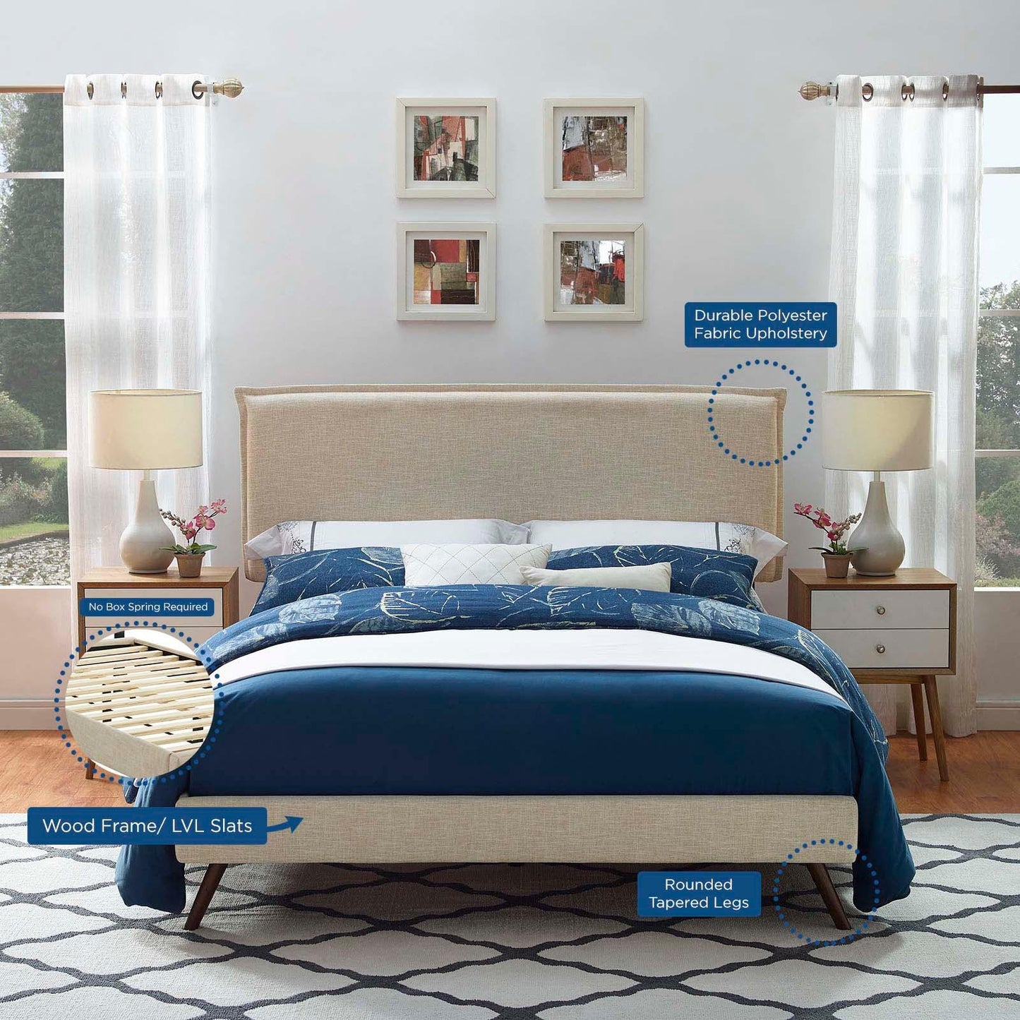 Modway Amaris Queen Fabric Platform Bed with Round Splayed Legs FredCo
