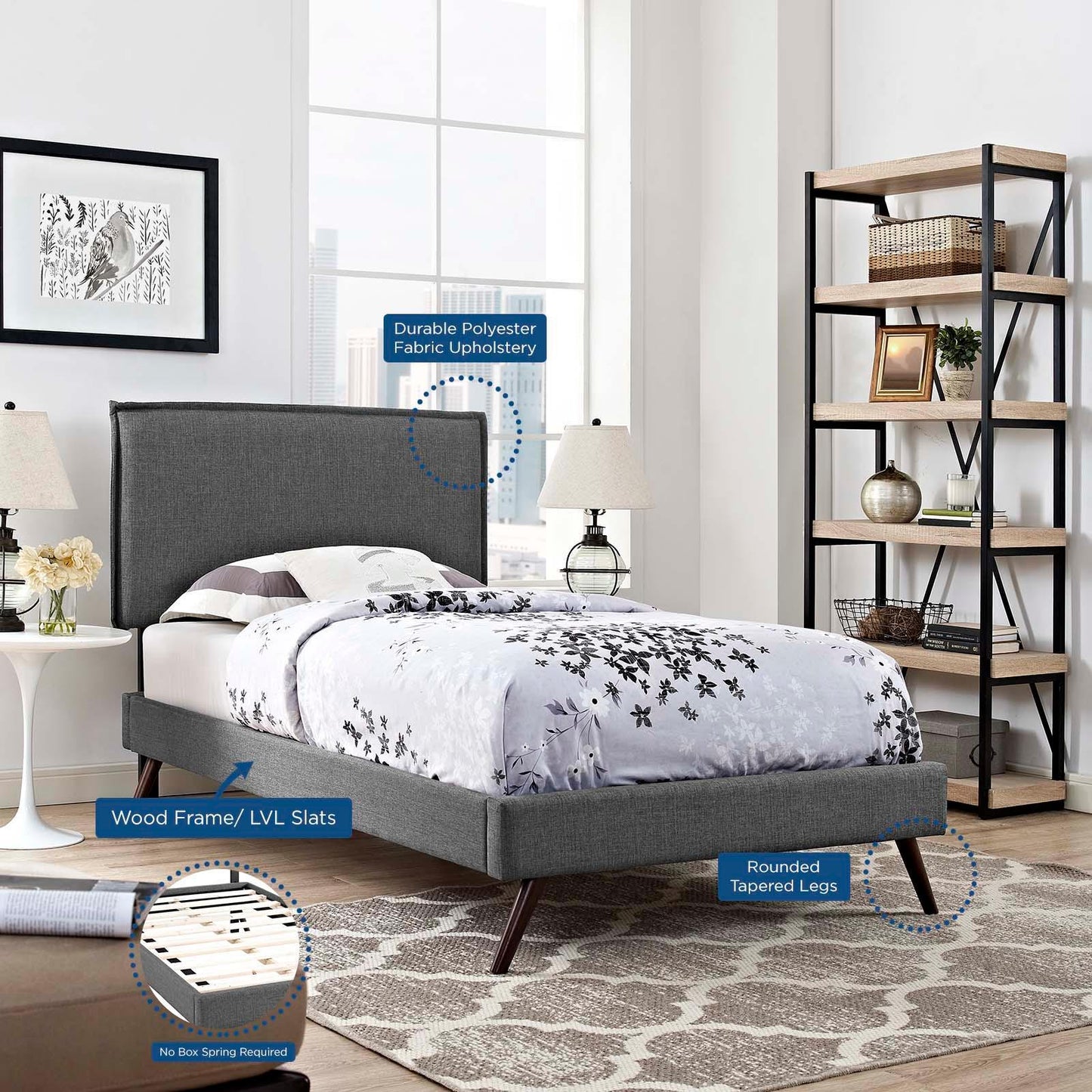 Modway Amaris Twin Fabric Platform Bed with Round Splayed Legs FredCo