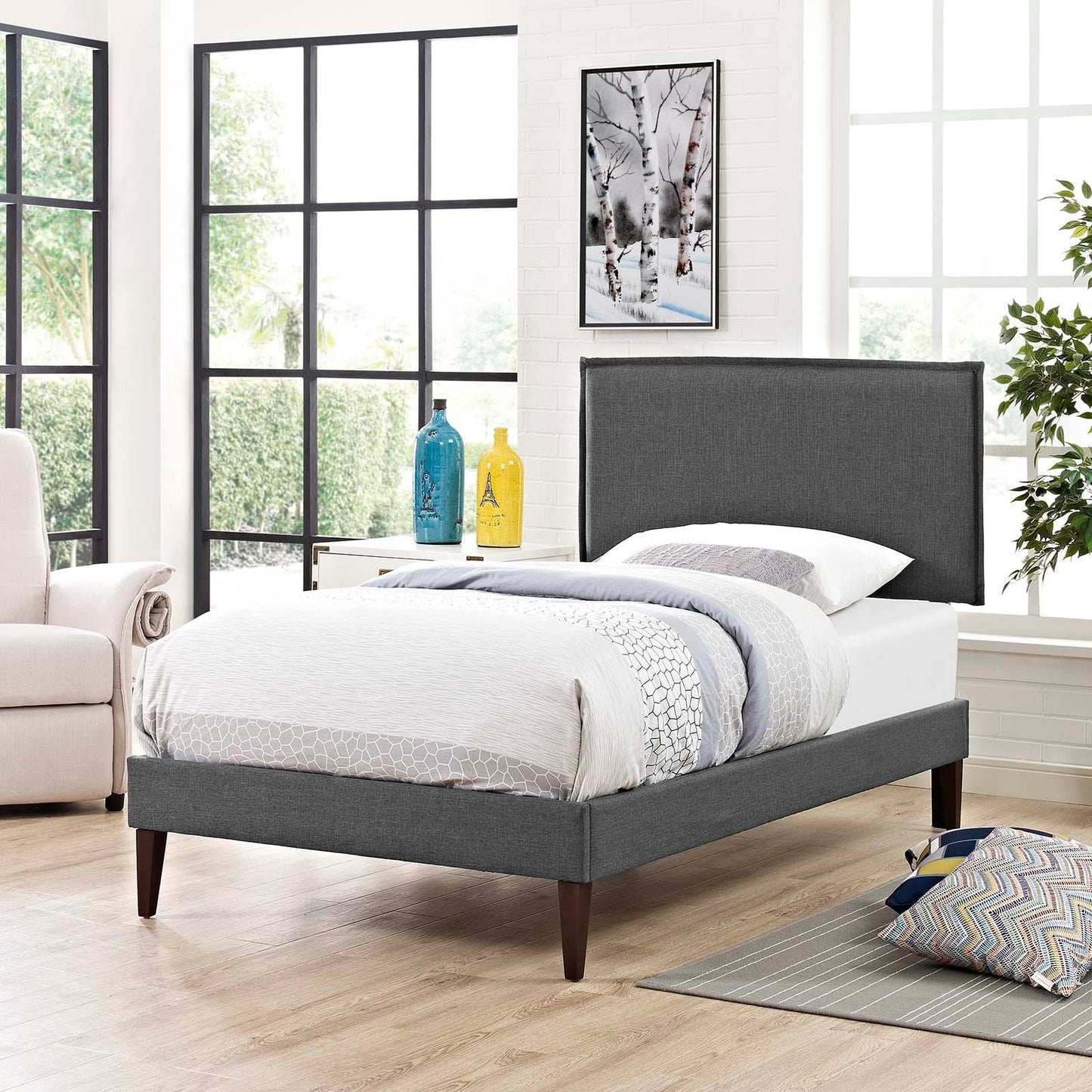 Modway Amaris Twin Fabric Platform Bed with Squared Tapered Legs FredCo