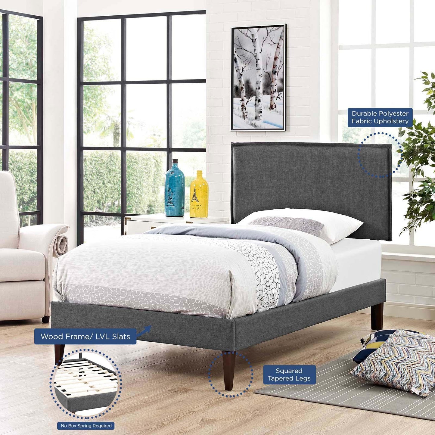 Modway Amaris Twin Fabric Platform Bed with Squared Tapered Legs FredCo