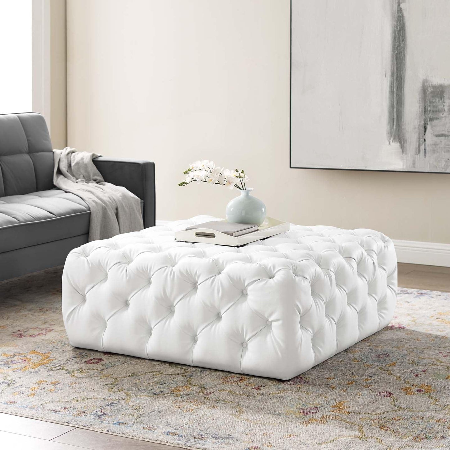 Modway Amour Tufted Button Large Square Faux Leather Ottoman FredCo