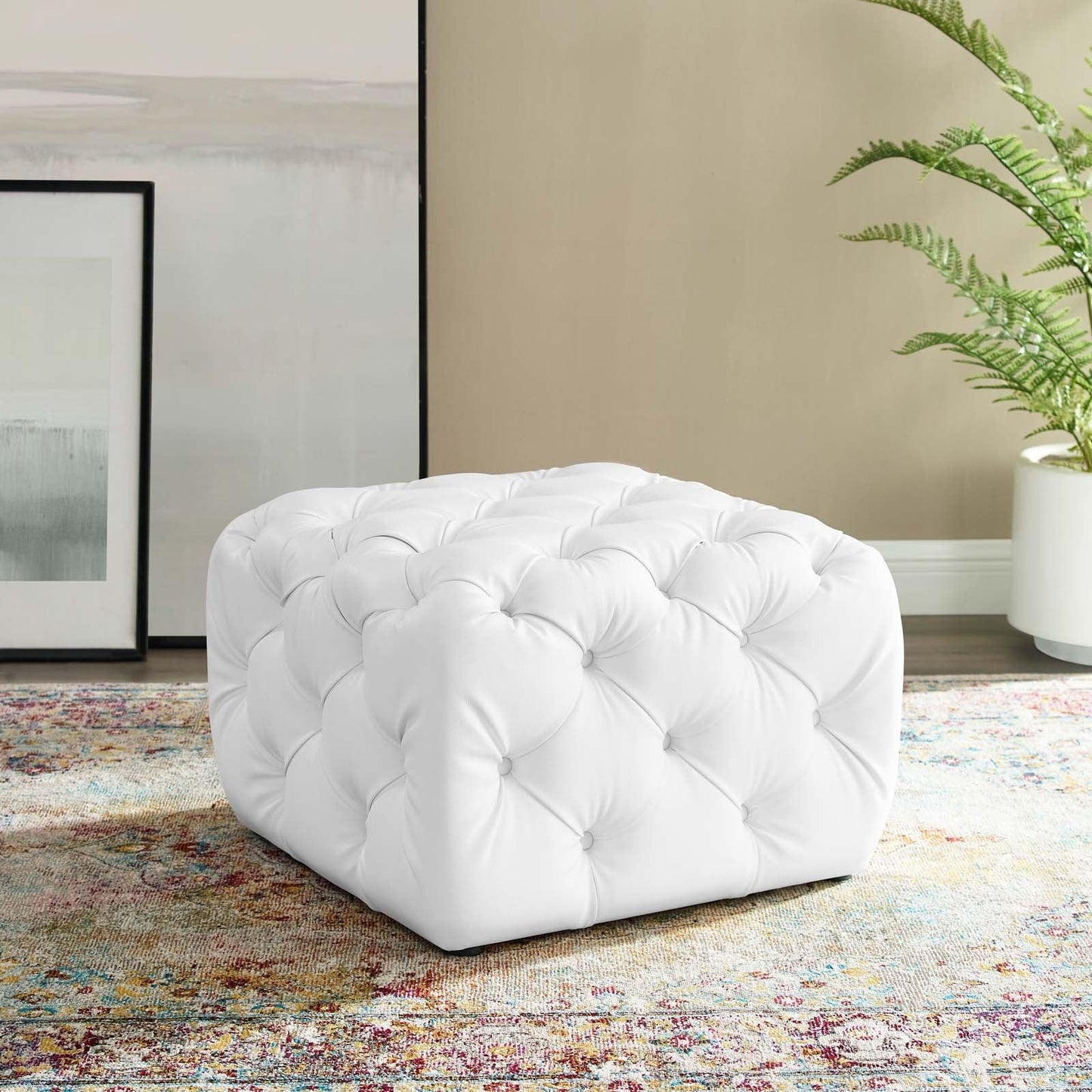 Modway Amour Tufted Button Square Faux Leather Ottoman FredCo
