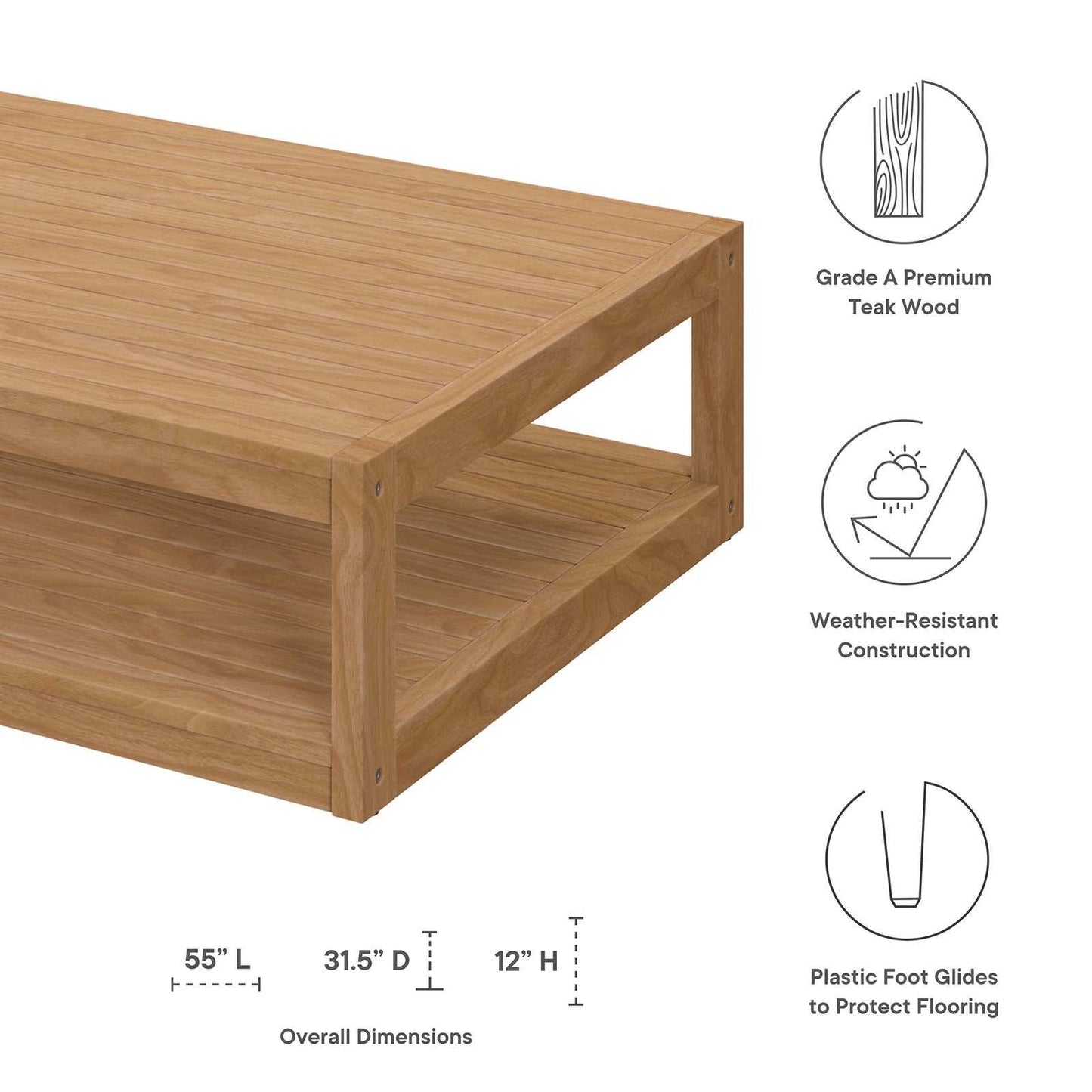 Modway Carlsbad Teak Wood Outdoor Patio Coffee Table FredCo