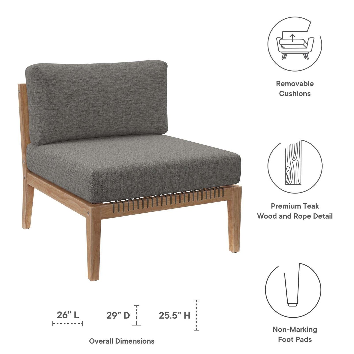 Modway Clearwater Outdoor Patio Teak Wood Armless Chair FredCo