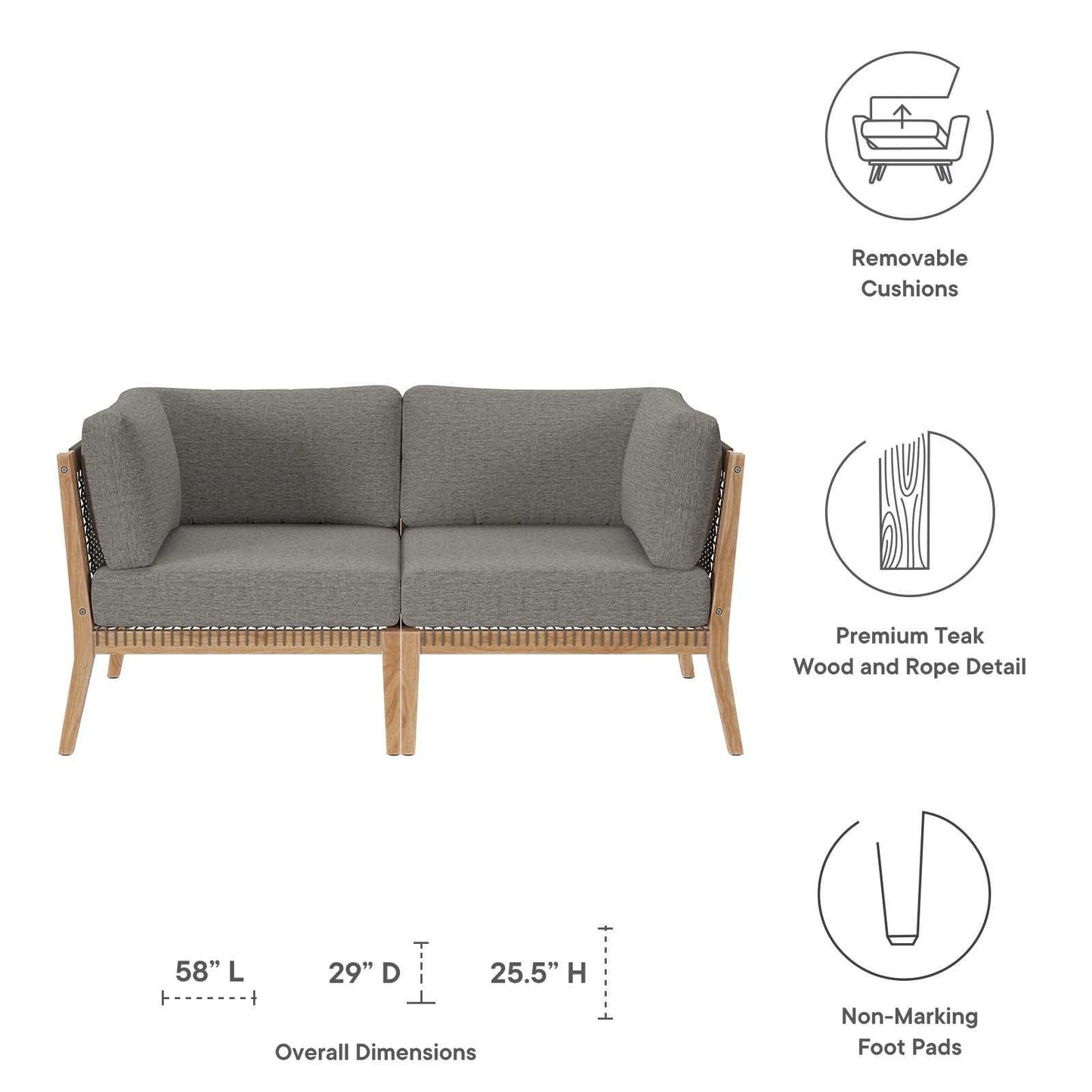Modway Clearwater Outdoor Patio Teak Wood Loveseat FredCo