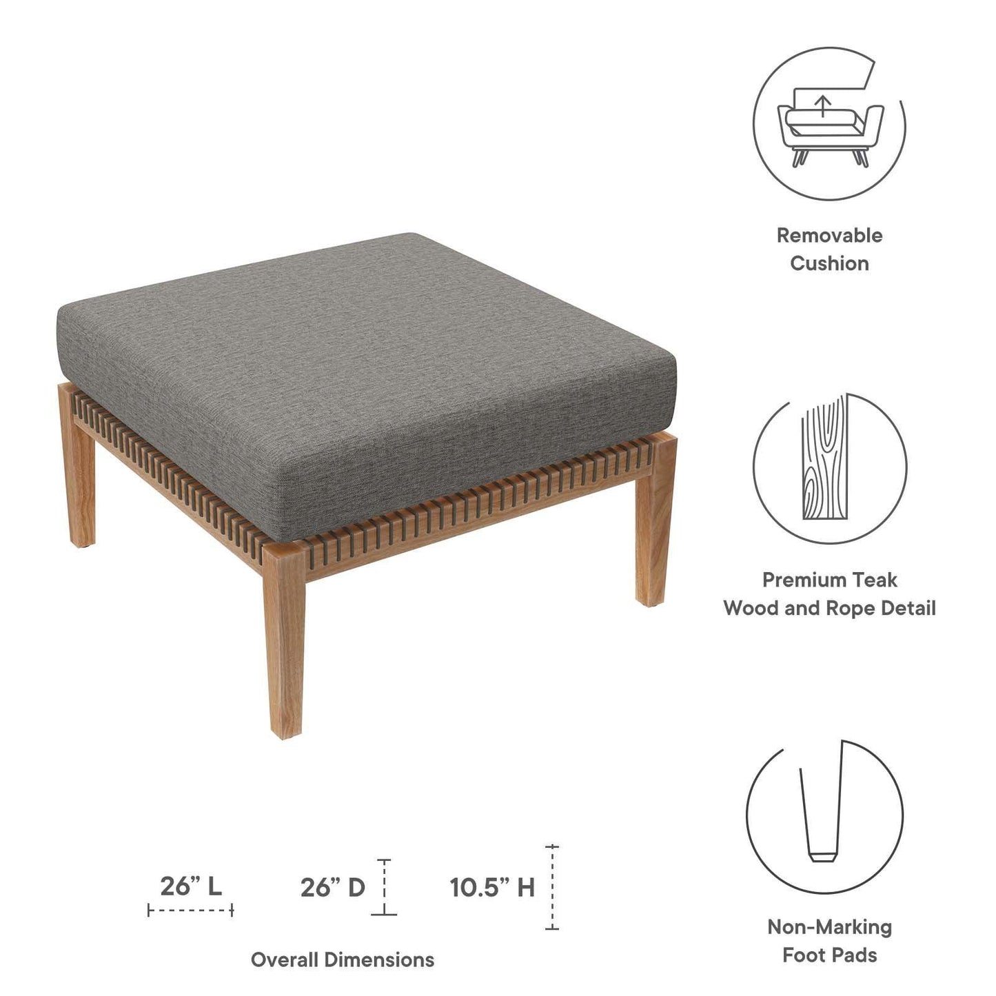 Modway Clearwater Outdoor Patio Teak Wood Ottoman FredCo