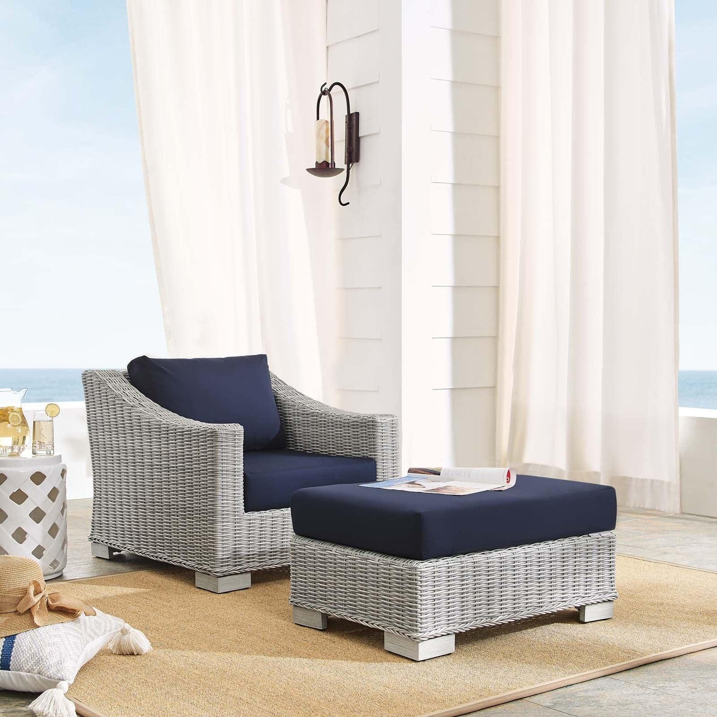 Modway Conway Sunbrella® Outdoor Patio Wicker Rattan 2-Piece Armchair and Ottoman Set, EEI-4354 FredCo