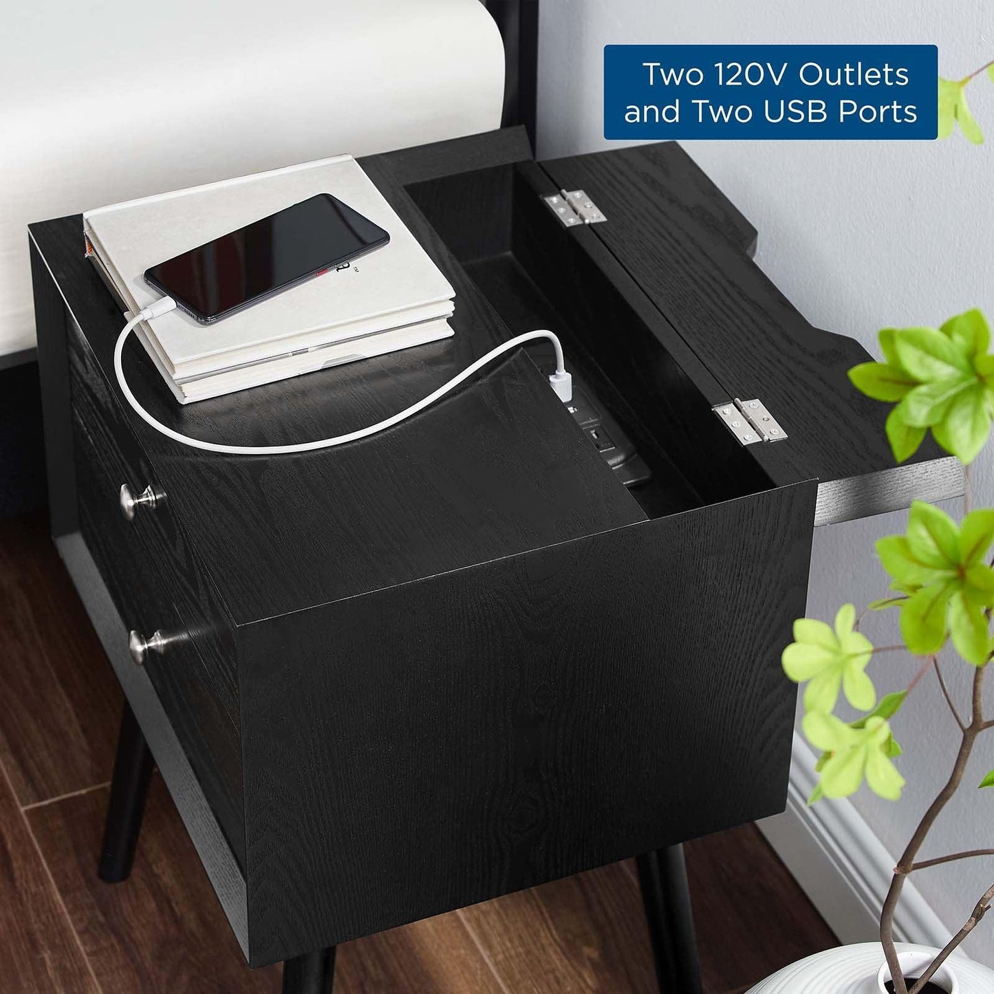 Modway Ember Wood Nightstand With USB Ports FredCo