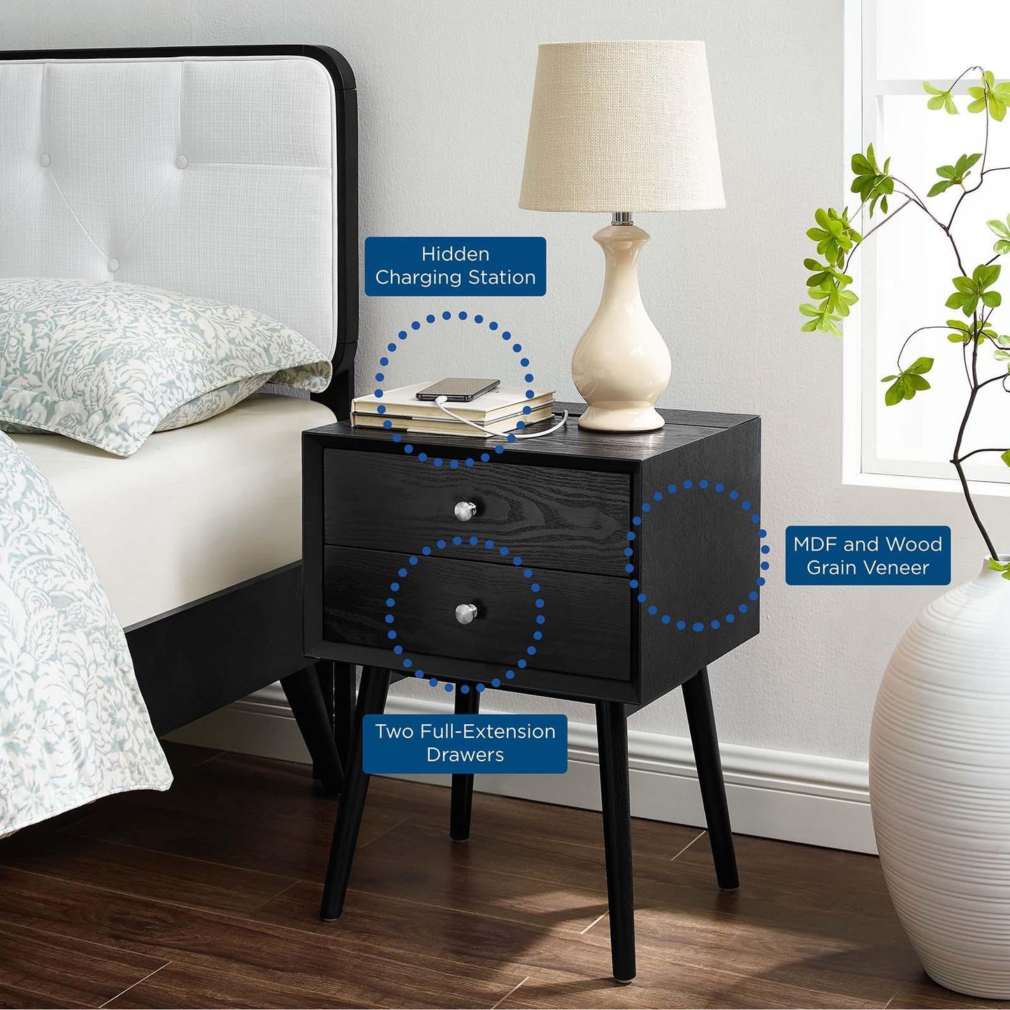 Modway Ember Wood Nightstand With USB Ports FredCo