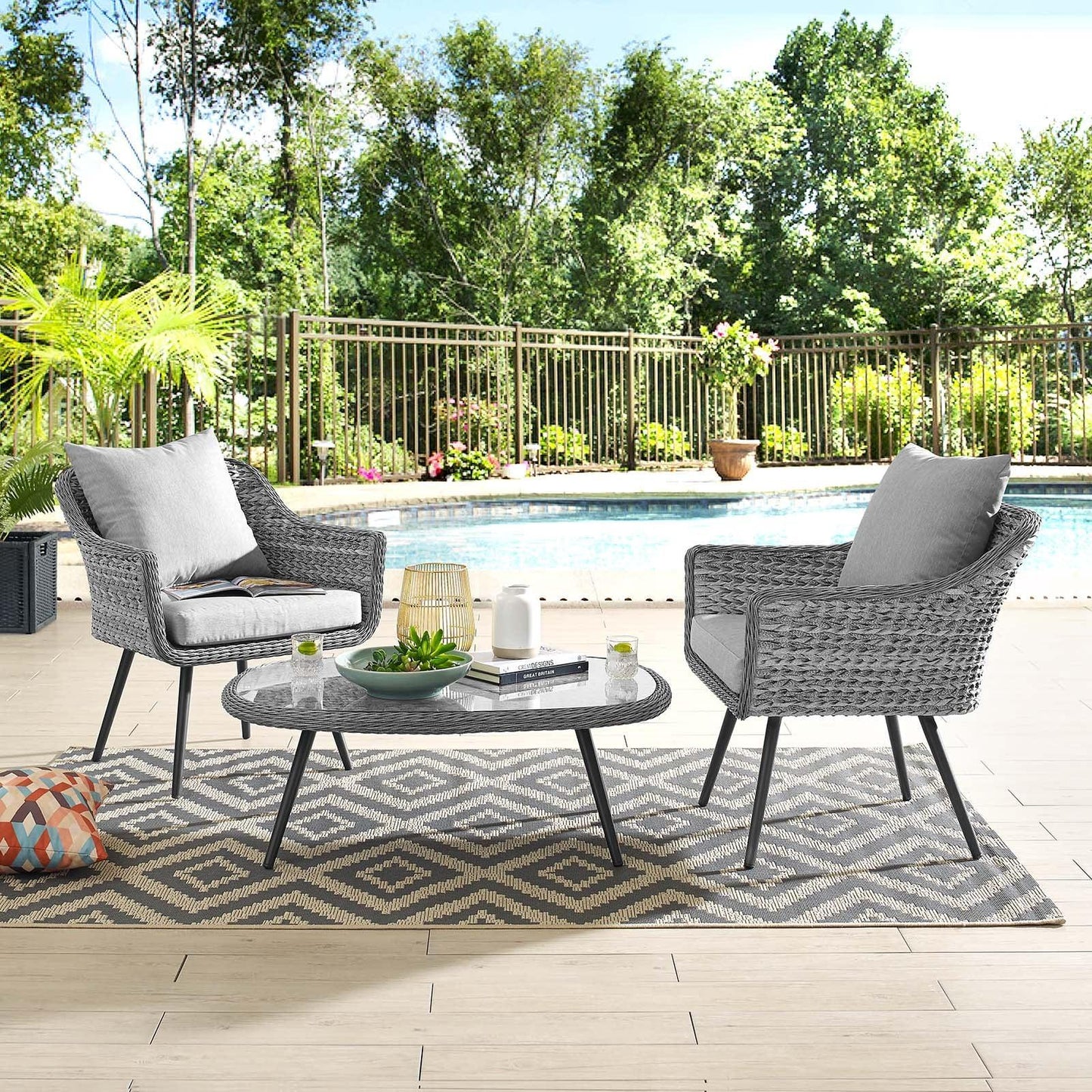 Modway Endeavor 3 Piece Outdoor Patio Wicker Rattan Armchair and Coffee Table Set FredCo