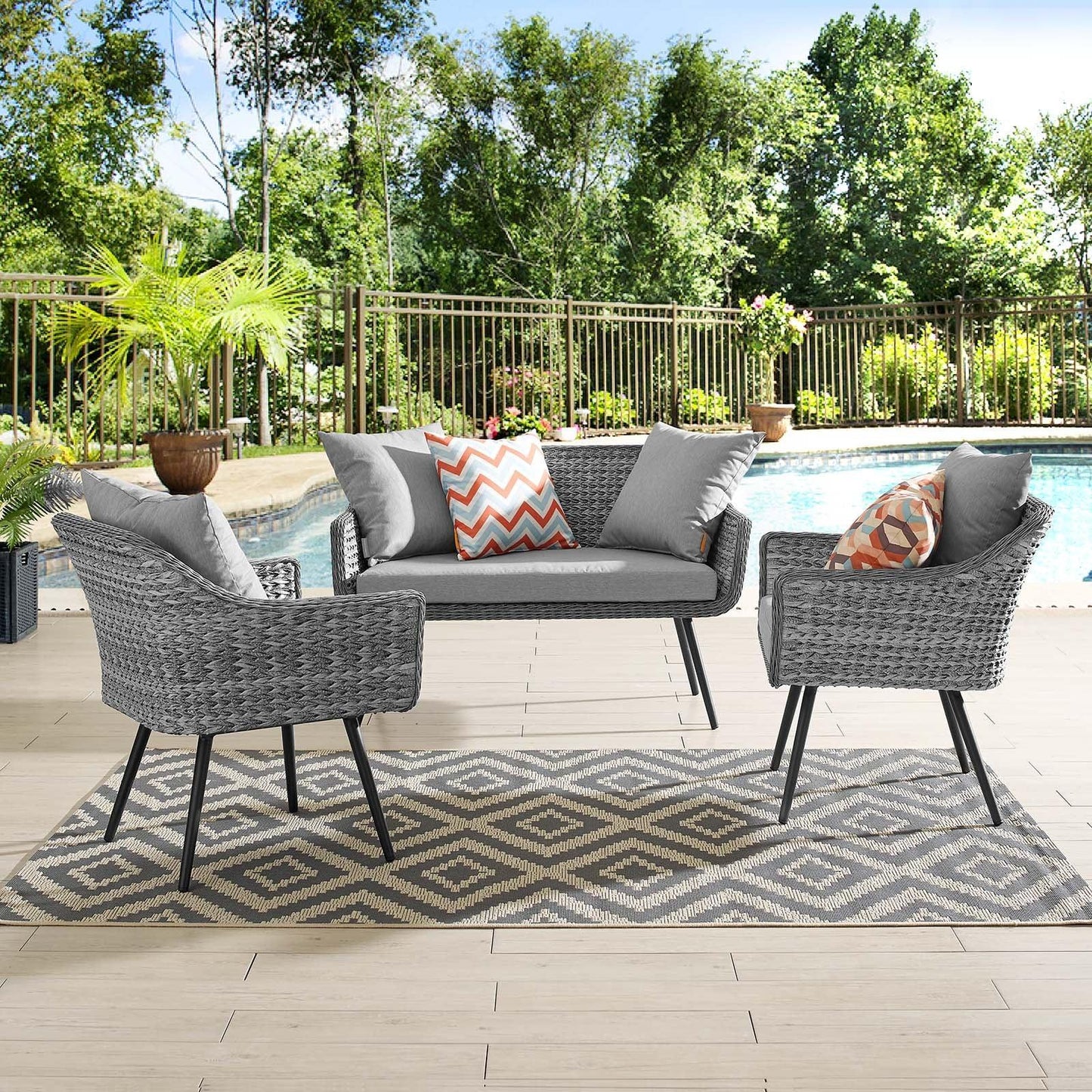 Modway Endeavor 3 Piece Outdoor Patio Wicker Rattan Loveseat and Armchair Set FredCo