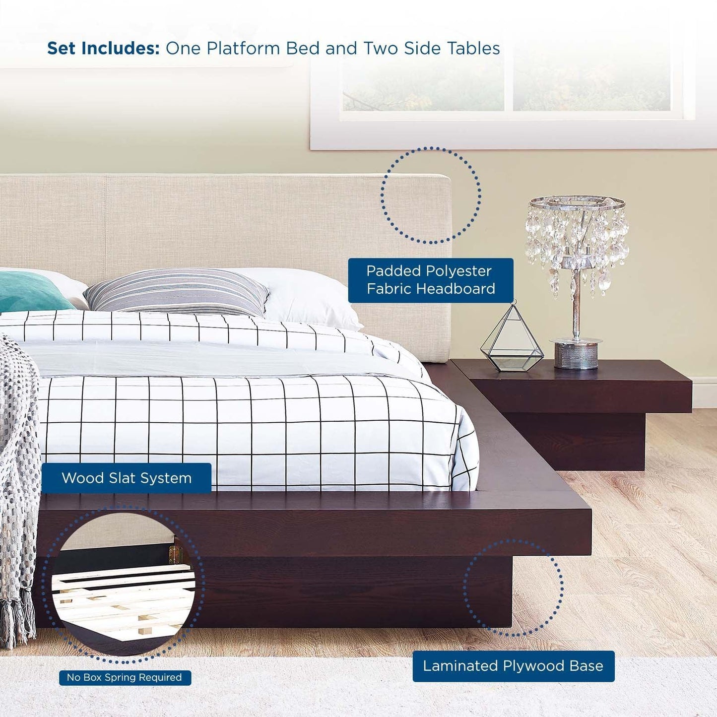 Modway Freja 3 Piece Queen Fabric Bedroom Set FredCo
