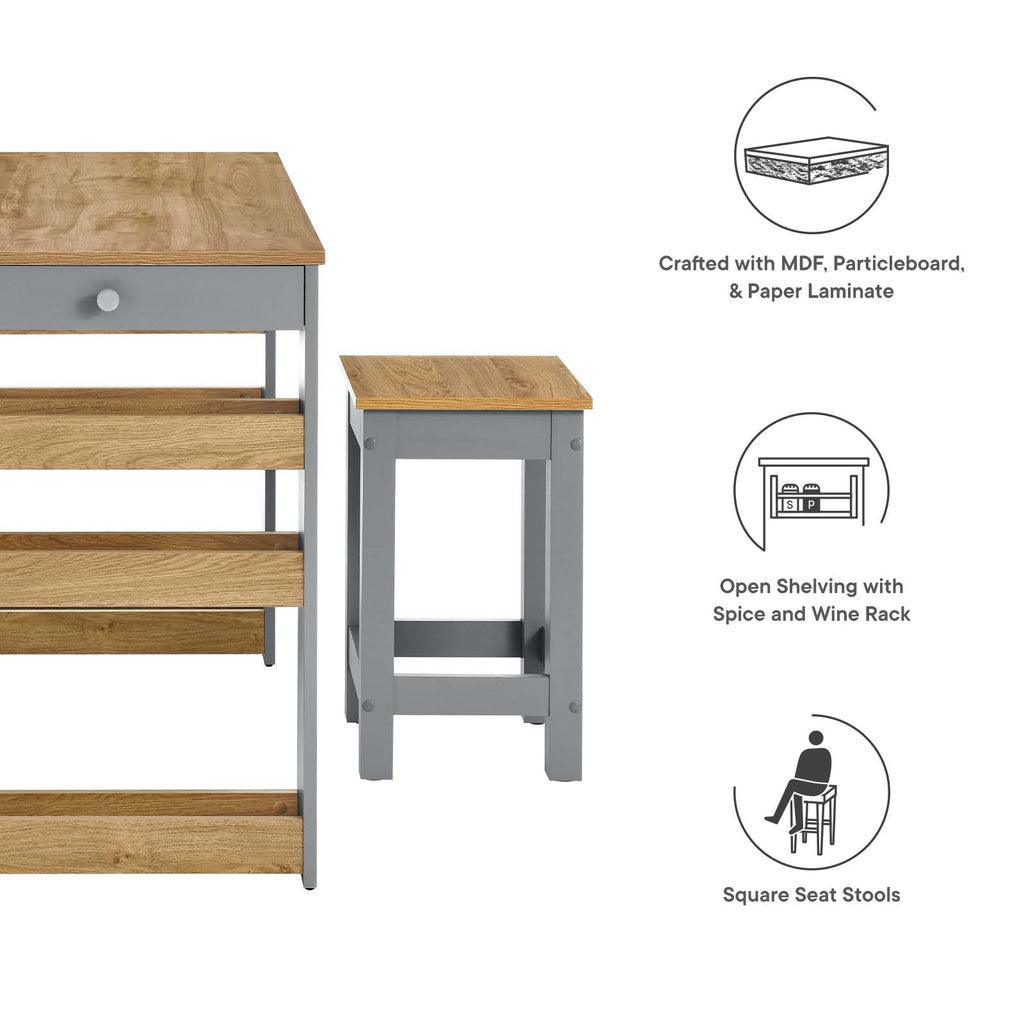 Modway Galley 3-Piece Kitchen Island and Stool Set FredCo