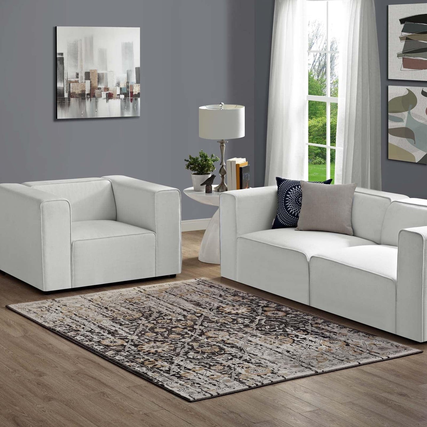 Modway Ganesa Distressed Diamond Floral Lattice Area Rug FredCo