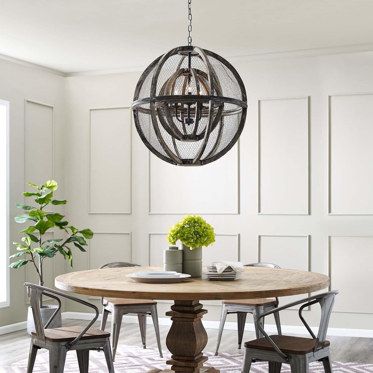 Modway Gravitate Globe Rustic Oak Wood Pendant Light Chandelier FredCo