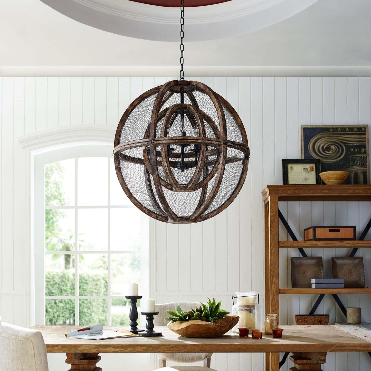 Modway Gravitate Globe Rustic Oak Wood Pendant Light Chandelier FredCo
