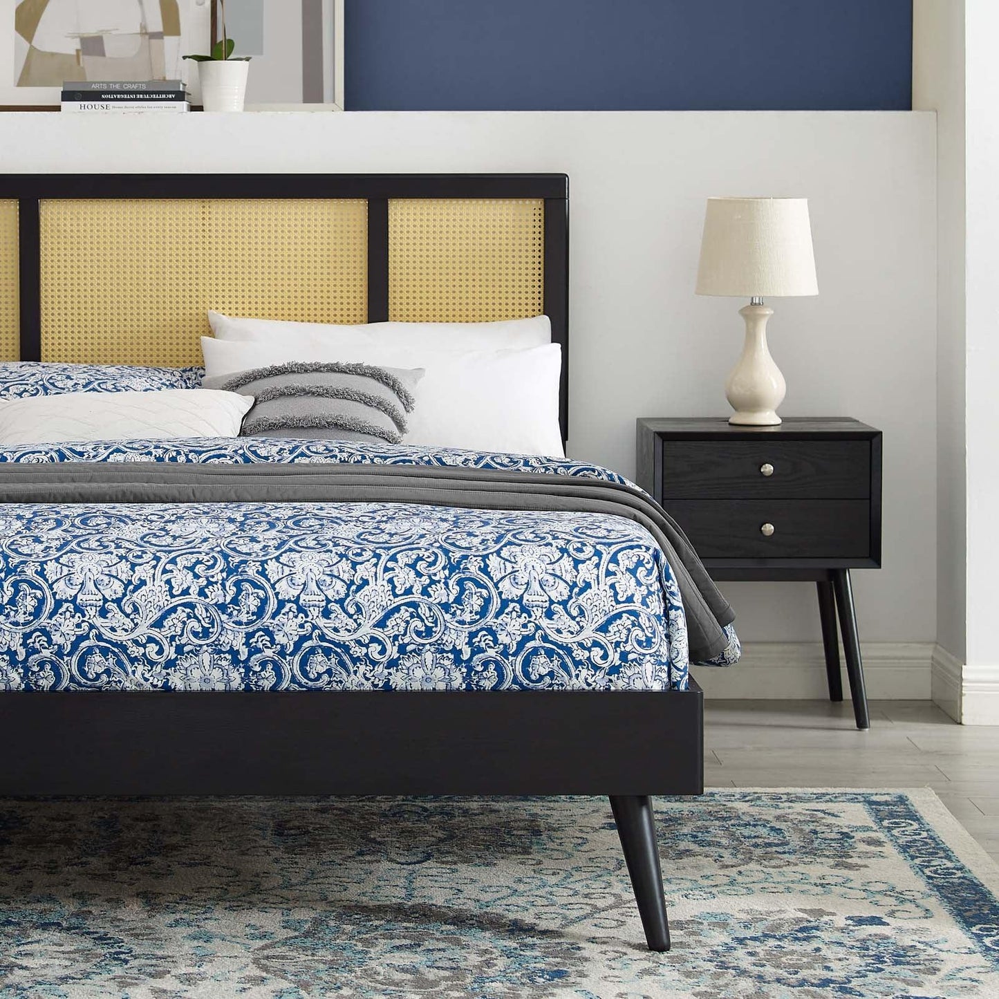 Modway Kelsea Cane and Wood King Platform Bed With Splayed Legs FredCo
