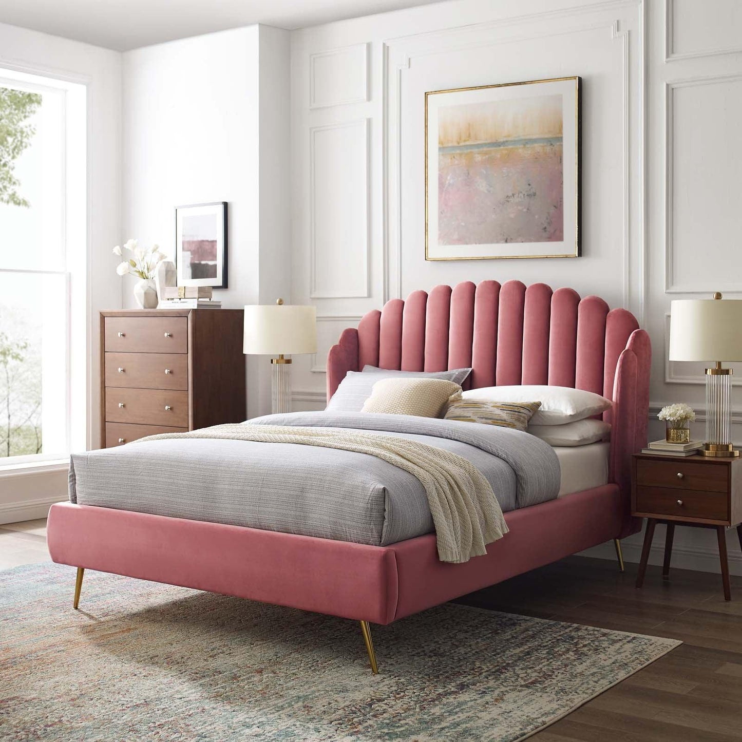 Modway Lana Queen Performance Velvet Wingback Platform Bed FredCo