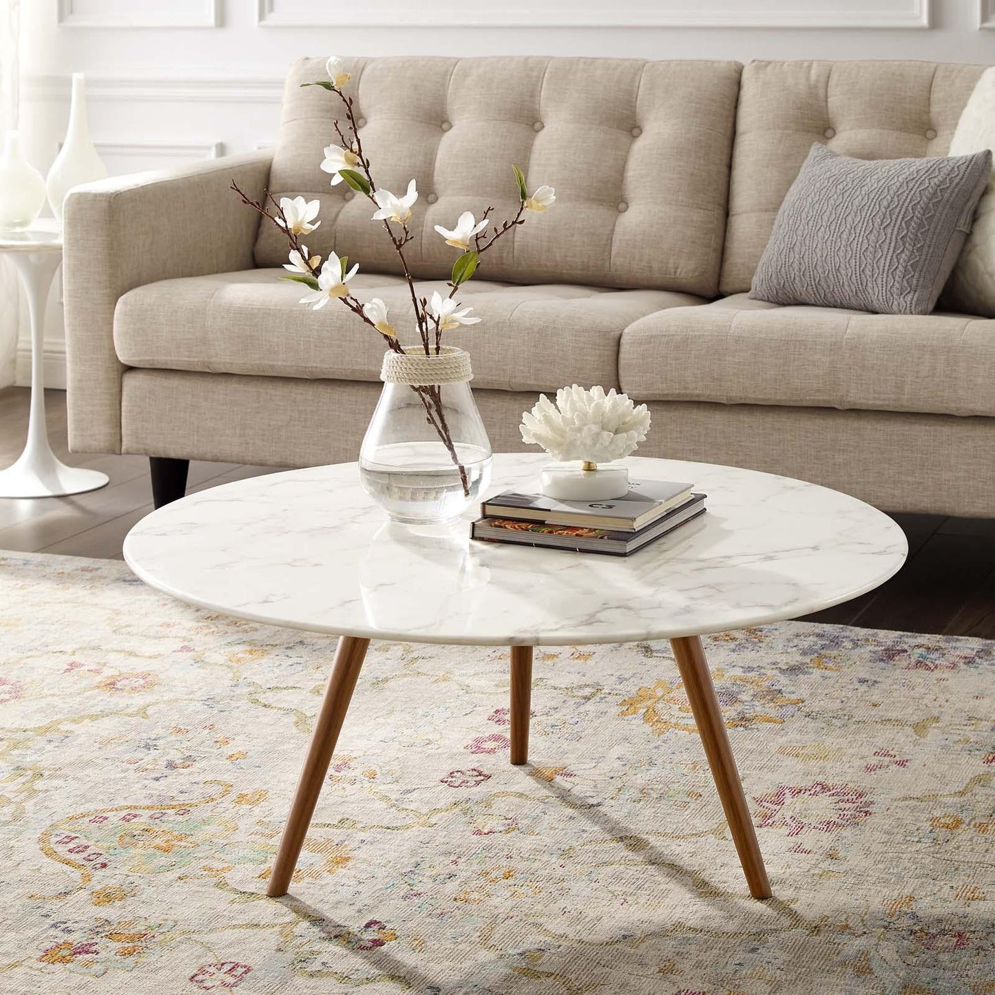 Modway Lippa 36" Round Artificial Marble Coffee Table with Tripod Base FredCo