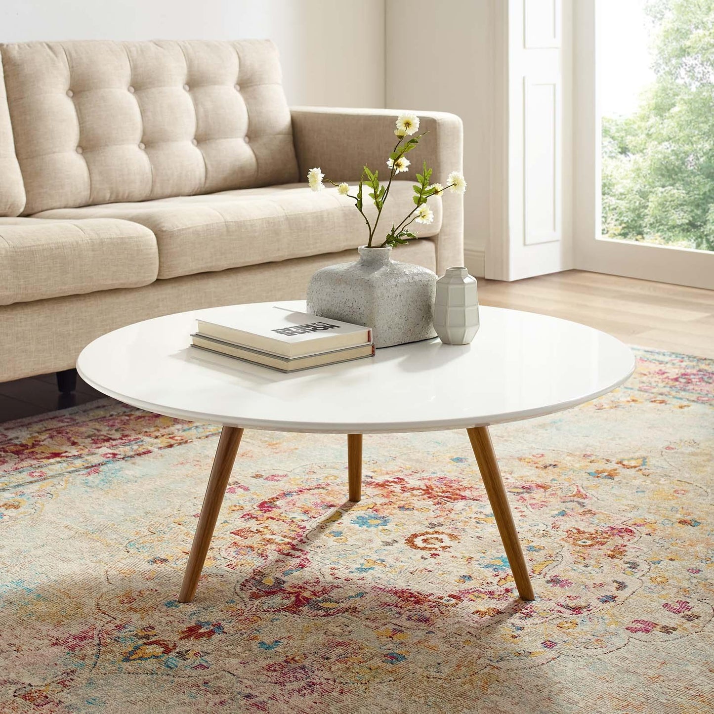 Modway Lippa 36" Round Wood Top Coffee Table with Tripod Base FredCo