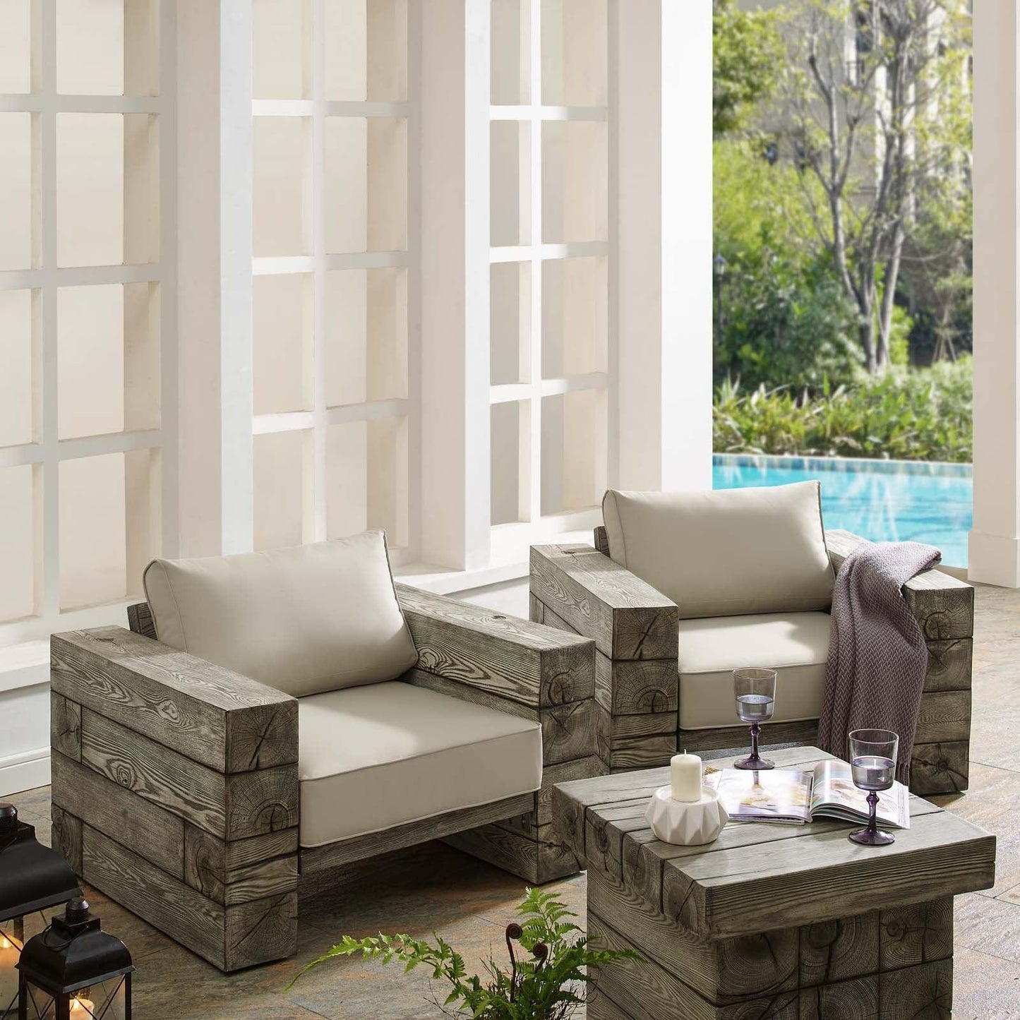 Modway Manteo Rustic Coastal Outdoor Patio Sunbrella® Lounge Armchair Set of 2 FredCo