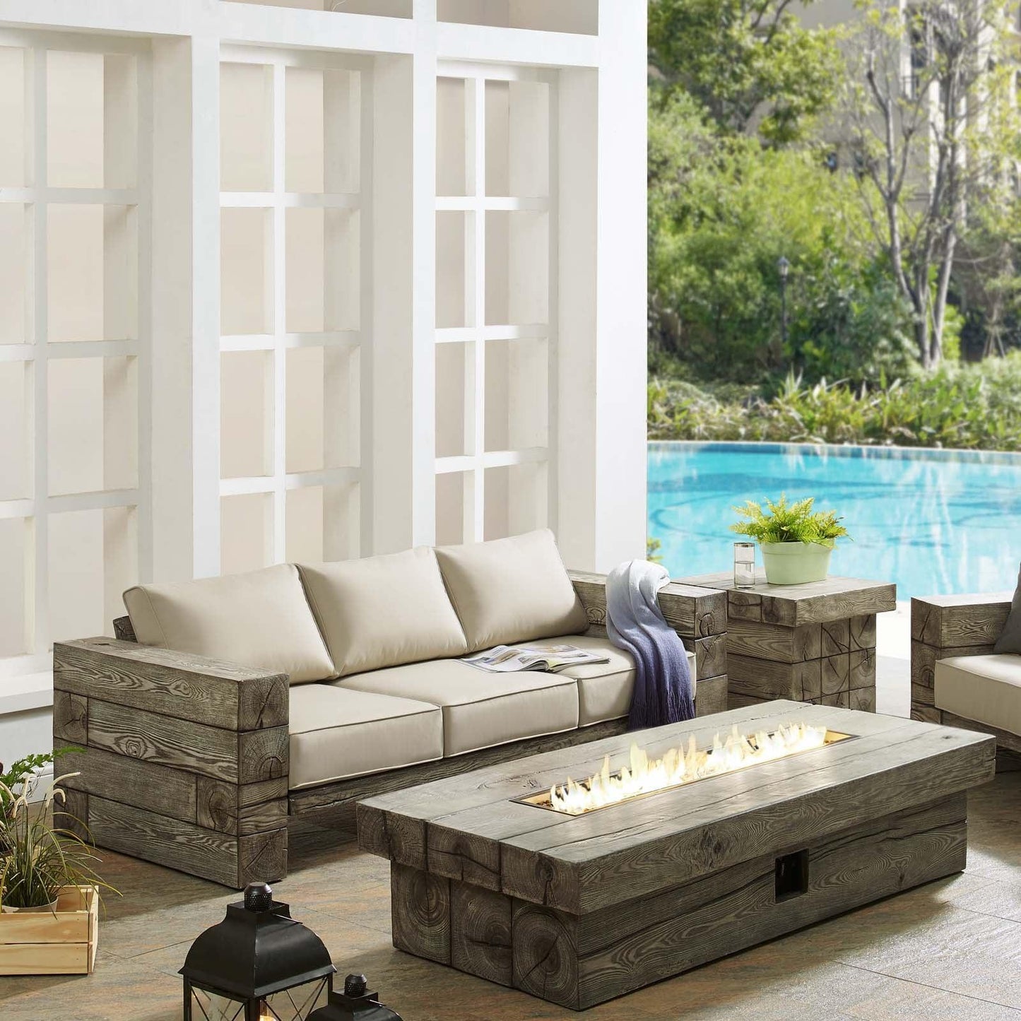 Modway Manteo Rustic Coastal Outdoor Patio Sunbrella® Sofa and Fire Pit Set FredCo