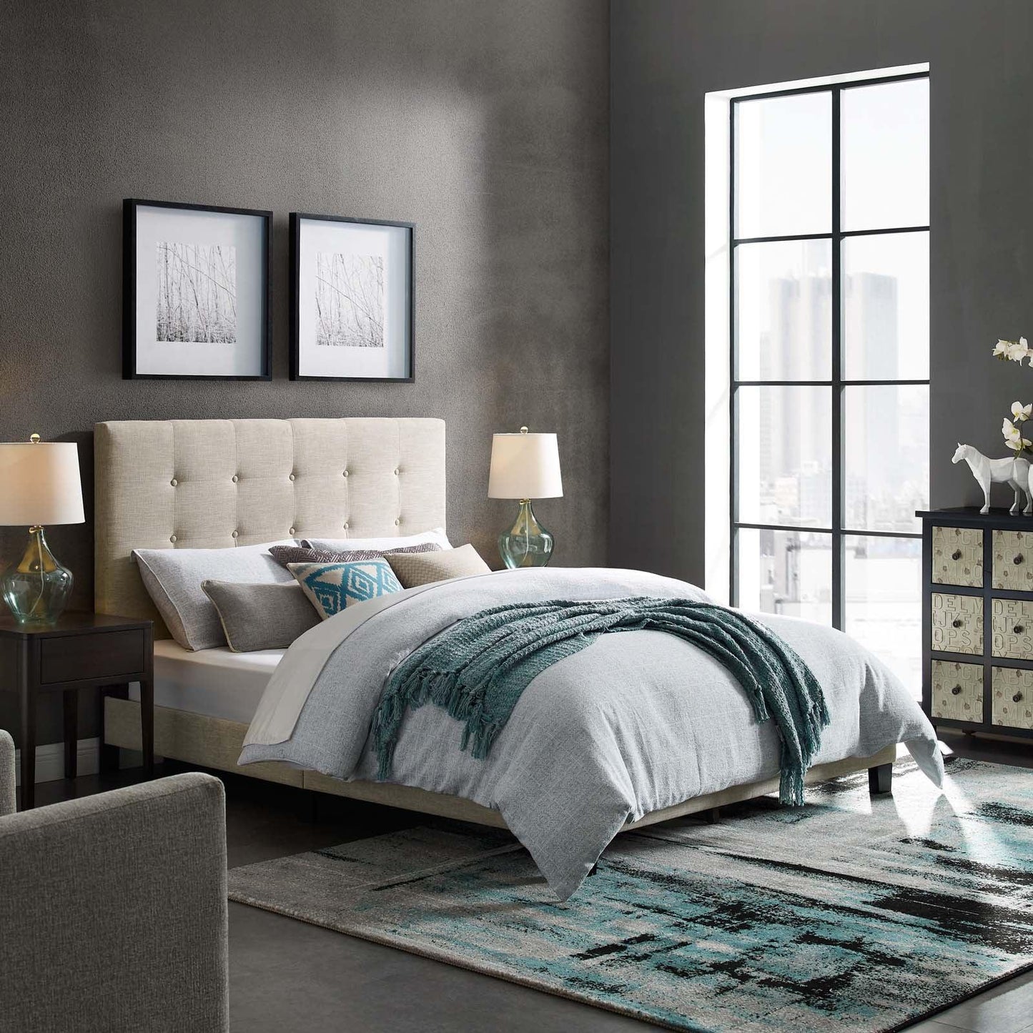Modway Melanie Full Tufted Button Upholstered Fabric Platform Bed FredCo
